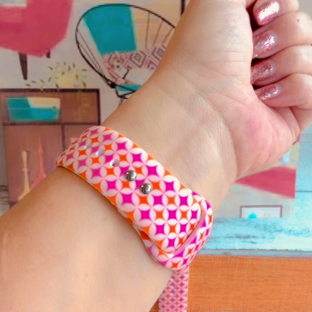 My Face Says It All Apple Watch band with sassy retro woman on pink and orange geometric pattern with Your Mood But a Band text
