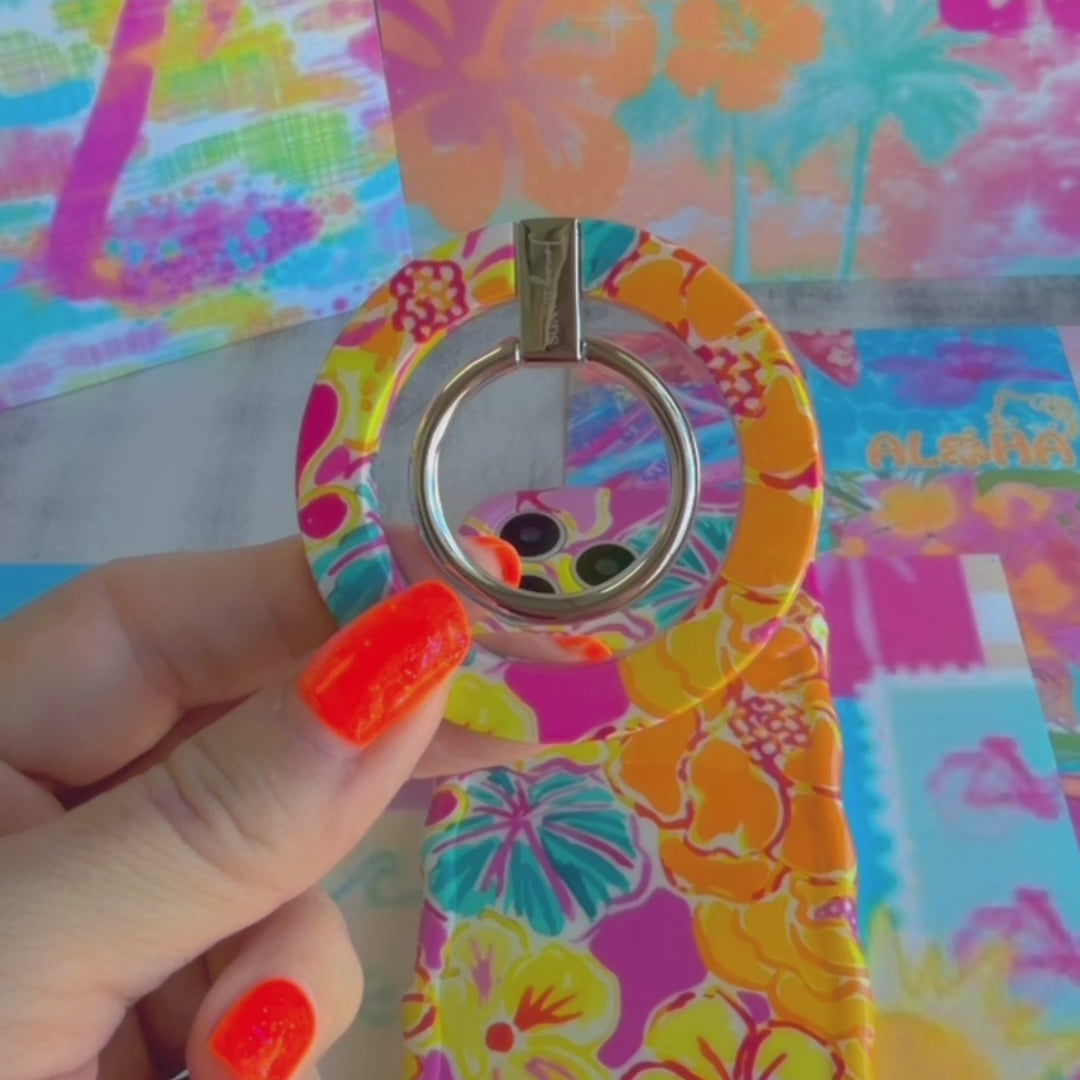 Sunset Hibiscus vibrant floral MagSafe phone grip ring with orange pink yellow and teal tropical pattern compatible with iPhone and Samsung