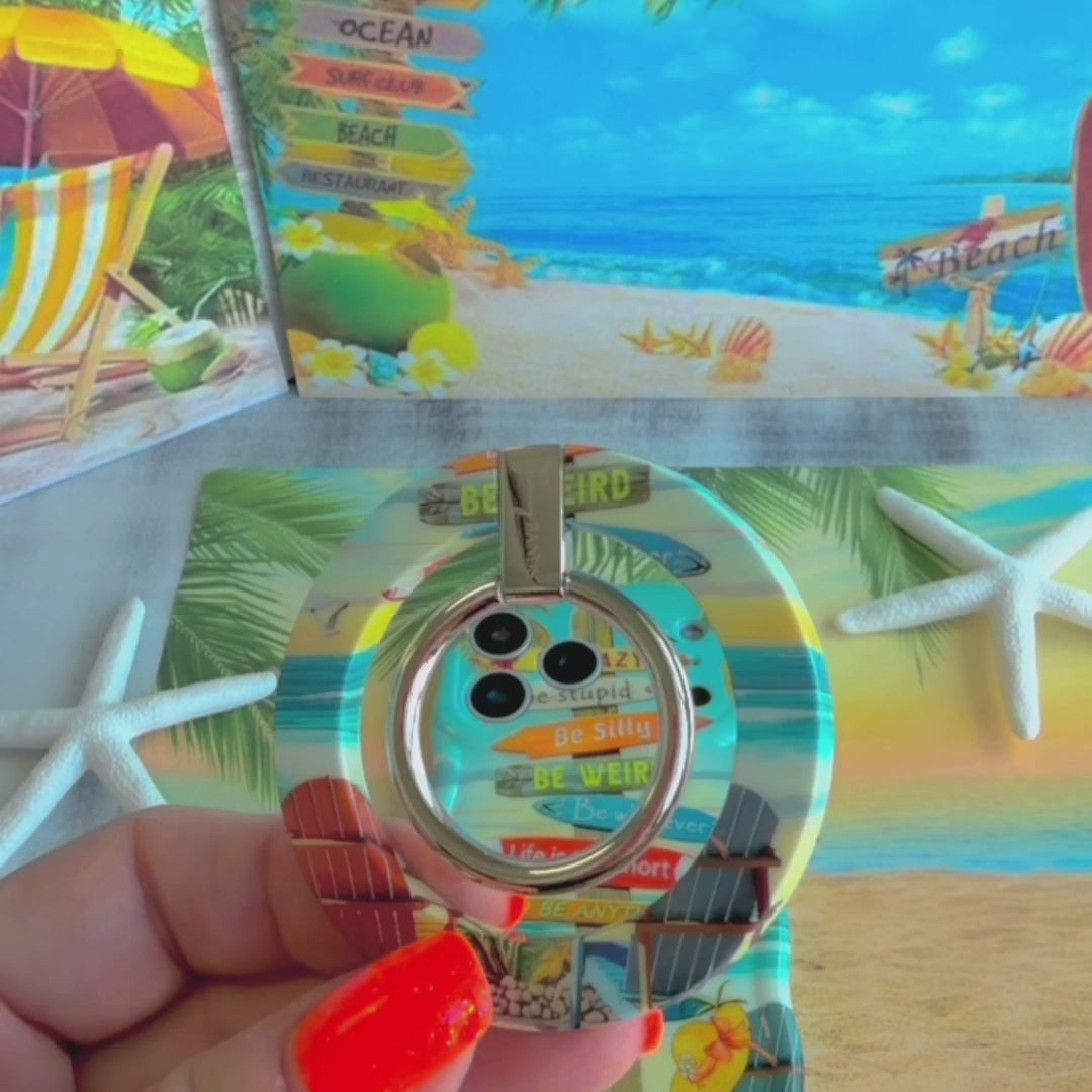 Seaside State of Mind MagSafe phone grip ring featuring Adirondack chairs on a tropical beach with ocean waves and sunset sky