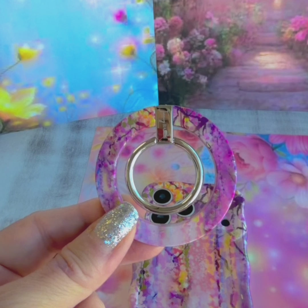 Floral Daydream ethereal purple and pink watercolor petal pattern MagSafe phone grip ring compatible with iPhone and Samsung