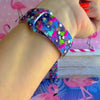 It's Giving Flamingo Apple Watch band with pink flamingos and tropical palm leaves on blue background with flamingo decorations

