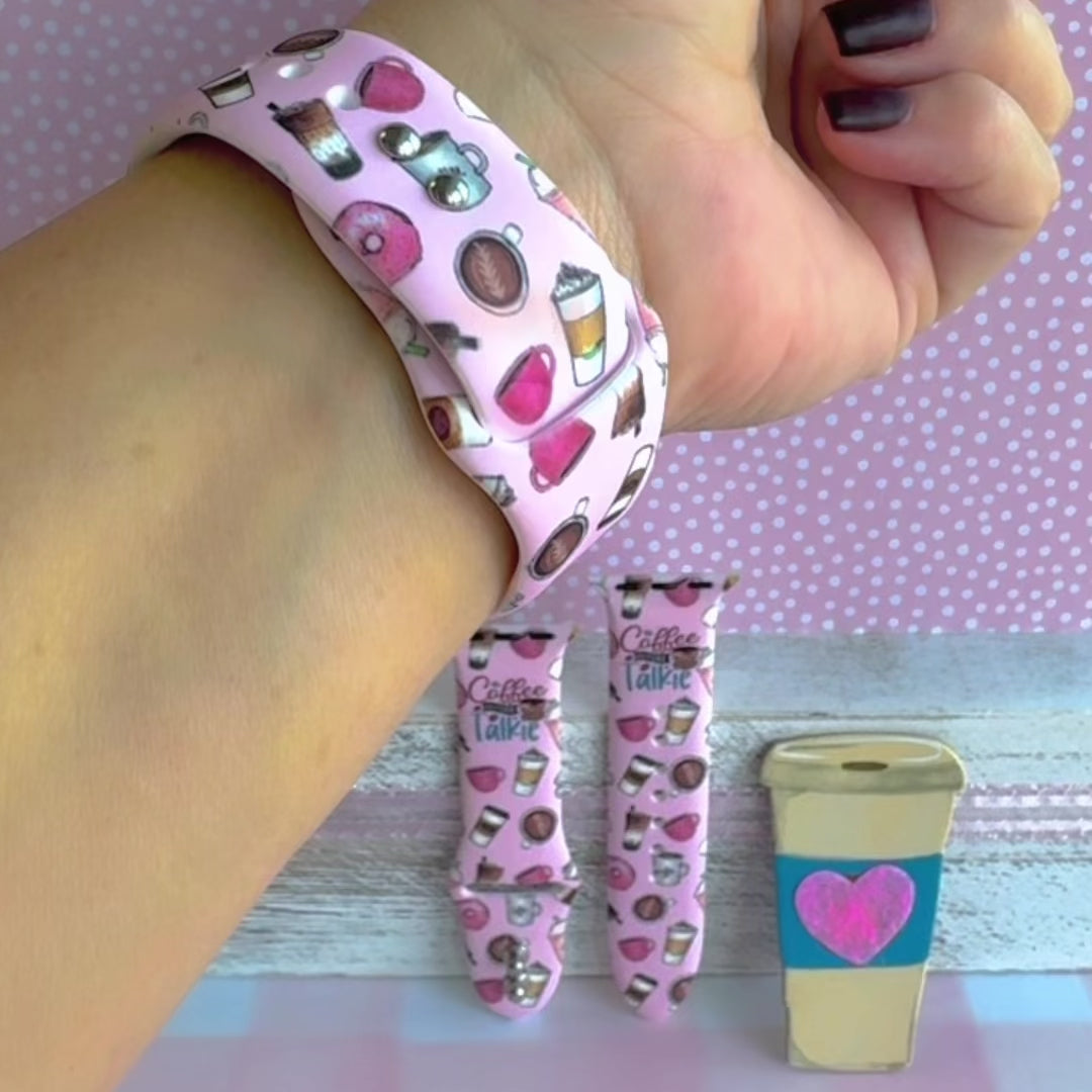 coffee before talkie apple watch band – blush silicone with coffee cups, beans and donuts; fits 38–49 mm