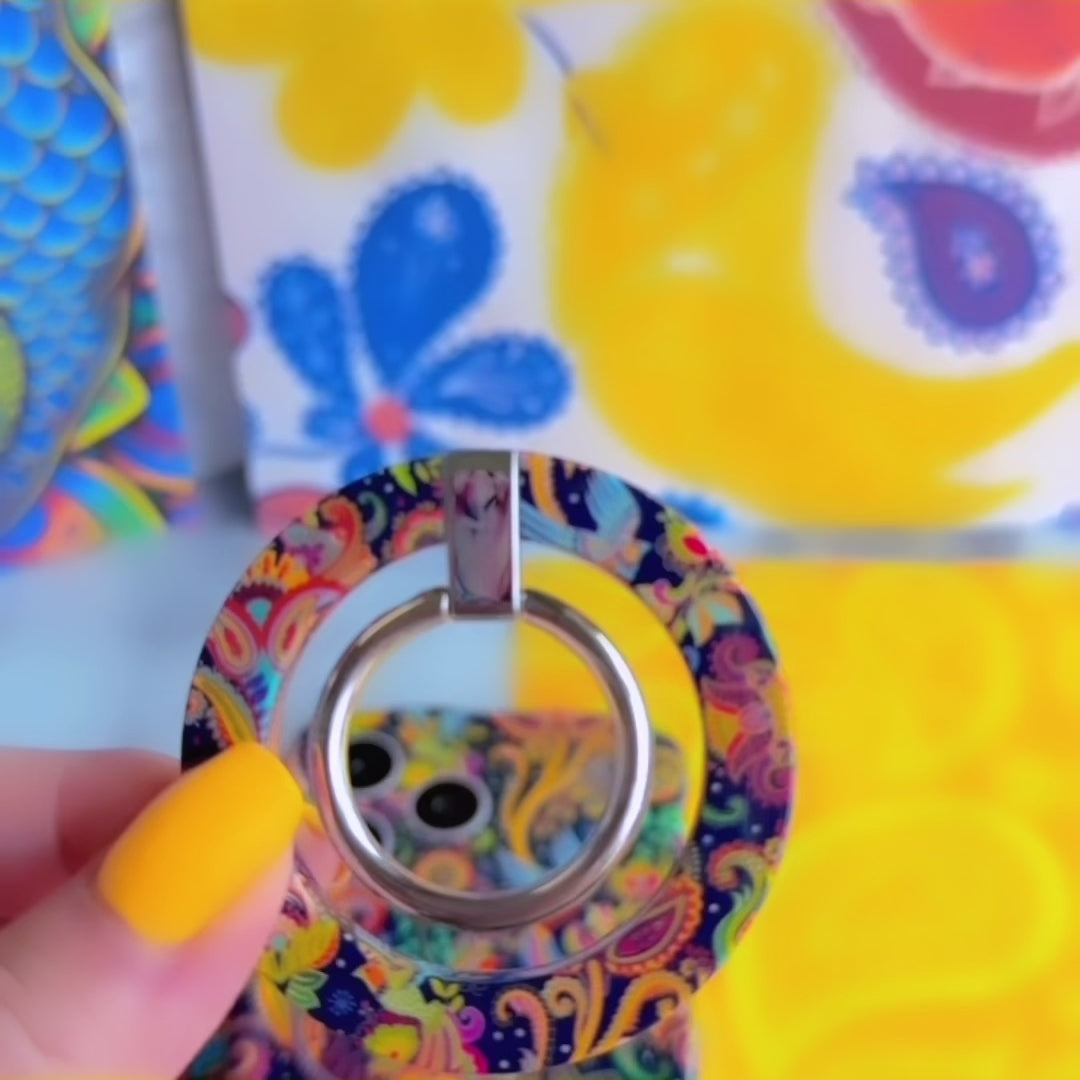 Paisley Birdsong bohemian MagSafe phone grip ring with intricate jewel-toned paisley, flowers, and birds on a deep navy background compatible with iPhone and Samsung