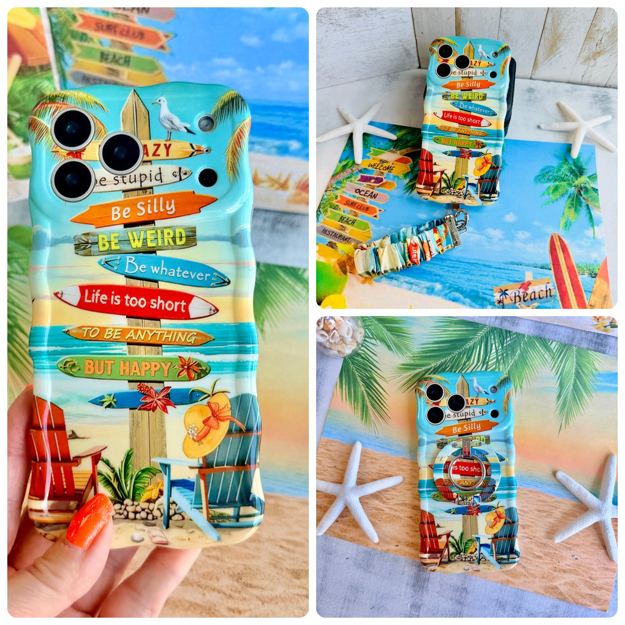 Seaside State Of Mind iPhone Matching Set - beach signpost MagSafe case, matching Hold It Fancy grip ring and scrunchie phone wrist strap from Fancy Bands