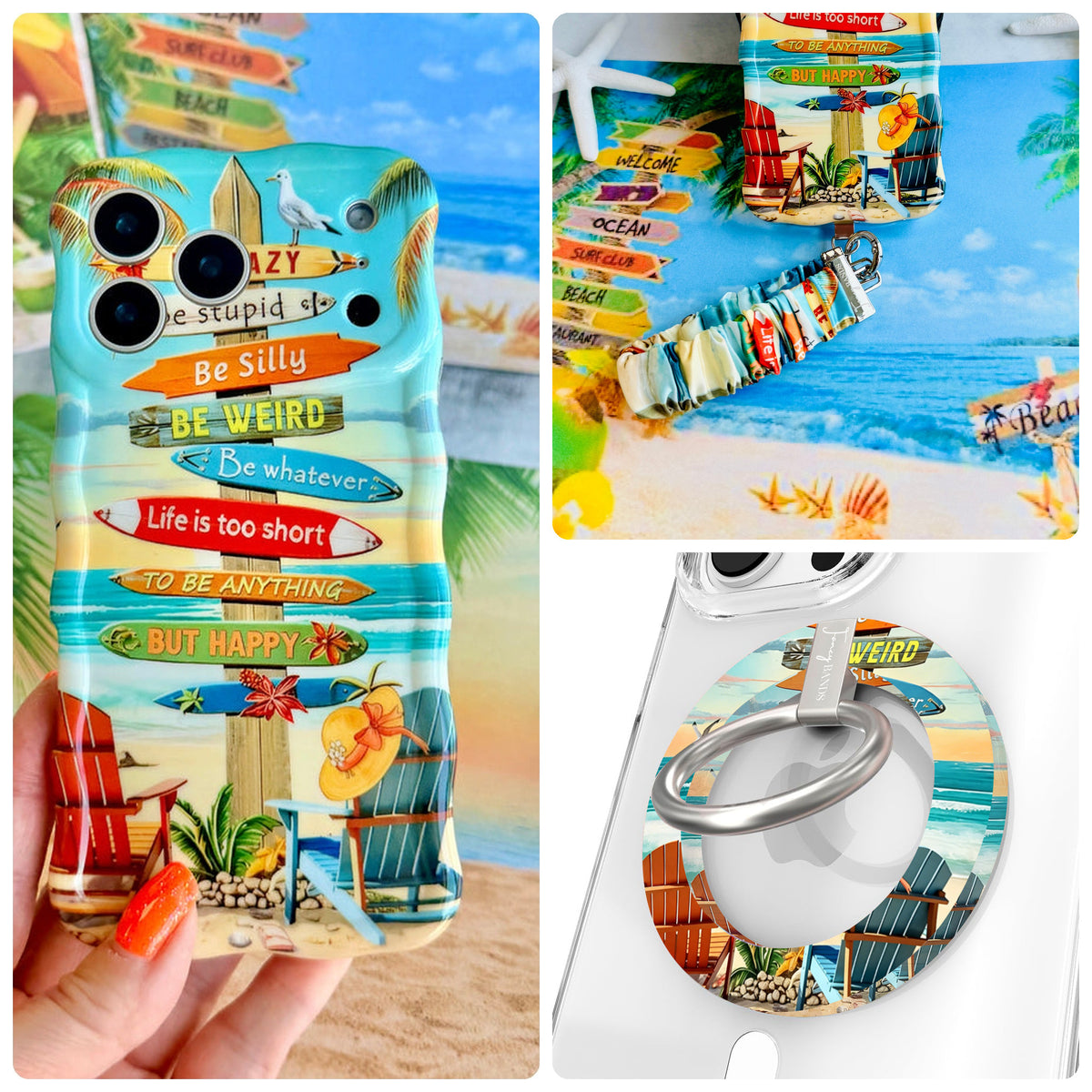 Seaside State Of Mind iPhone Matching Set - beach signpost MagSafe case, matching Hold It Fancy grip ring and scrunchie phone wrist strap from Fancy Bands