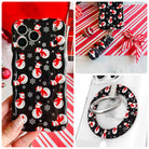 Snowman iPhone Matching Set - black MagSafe case with white snowmen in red scarves, matching Hold It Fancy grip ring and scrunchie phone wrist strap from Fancy Bands