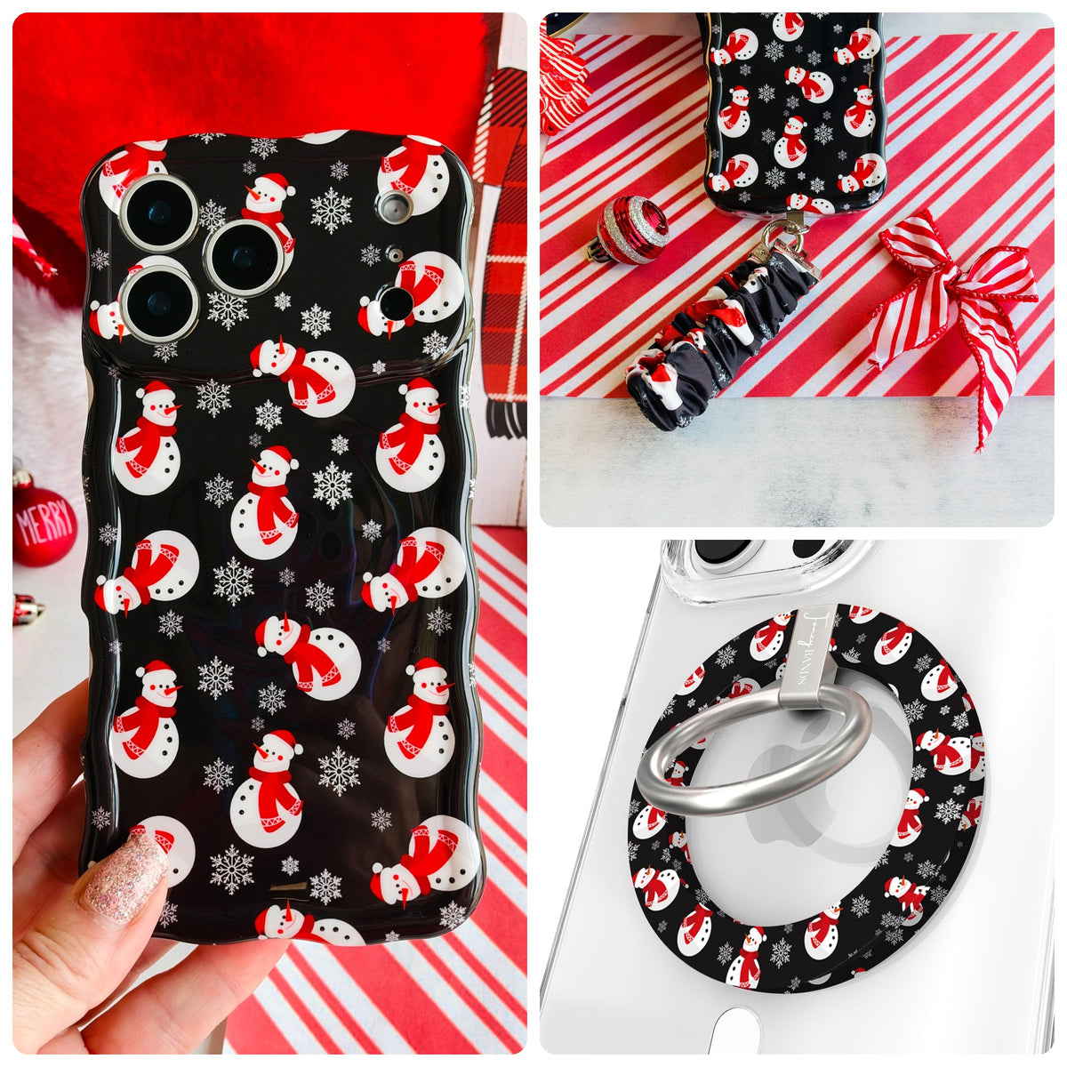 Snowman iPhone Matching Set - black MagSafe case with white snowmen in red scarves, matching Hold It Fancy grip ring and scrunchie phone wrist strap from Fancy Bands