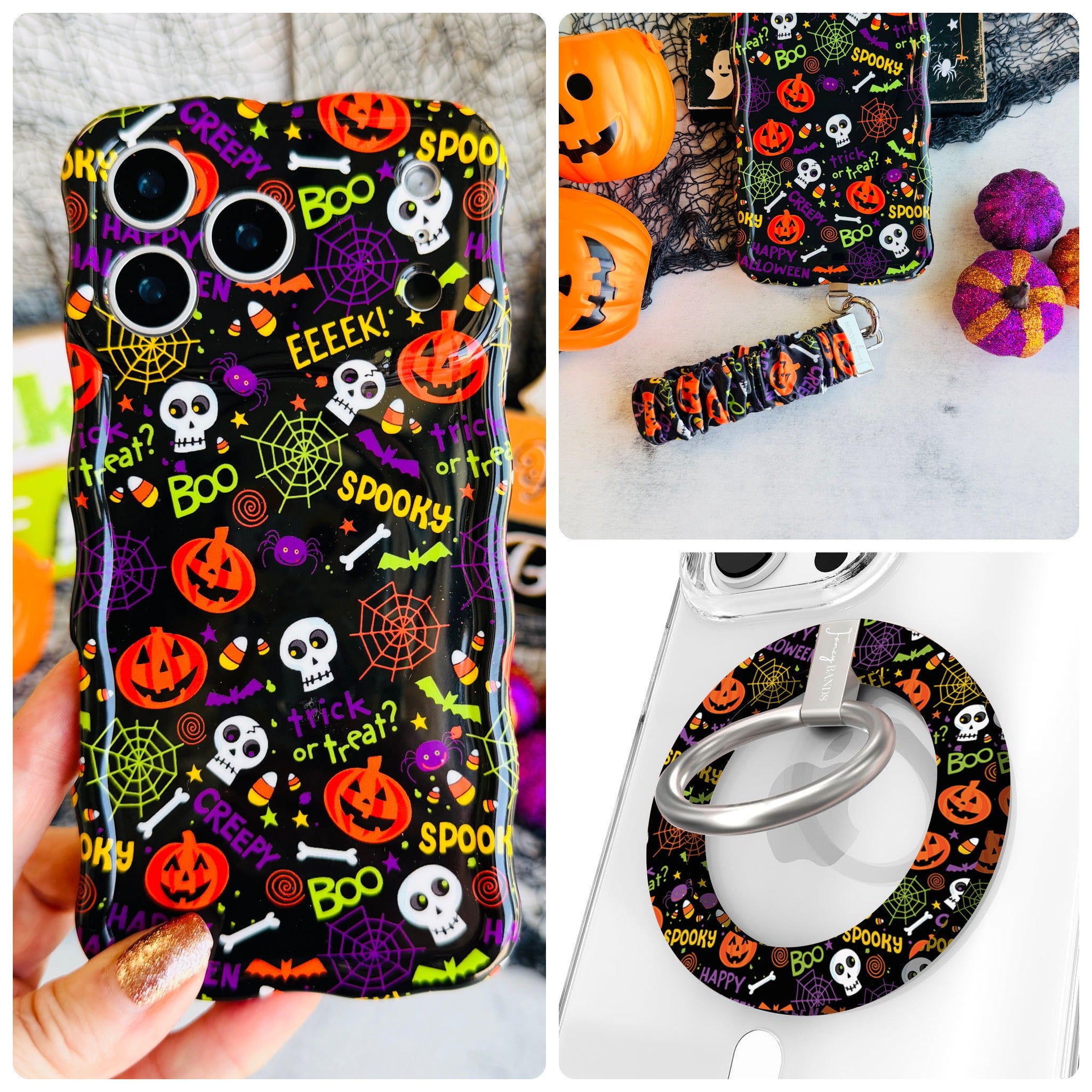 Spooky iPhone Matching Set: hand-held black Halloween MagSafe case with pumpkins and skulls, matching scrunchie wrist strap, and MagSafe grip ring