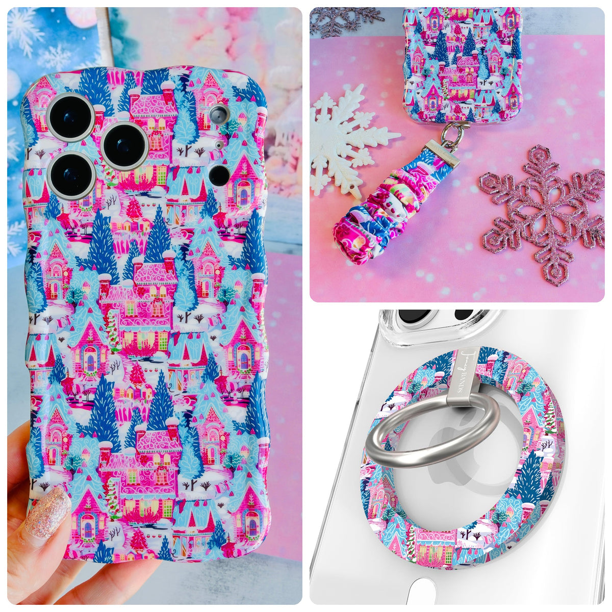 Sugarplum Square iPhone Matching Set - MagSafe case with pink gingerbread houses and blue pines in the snow, matching Hold It Fancy grip ring and scrunchie phone wrist strap from Fancy Bands