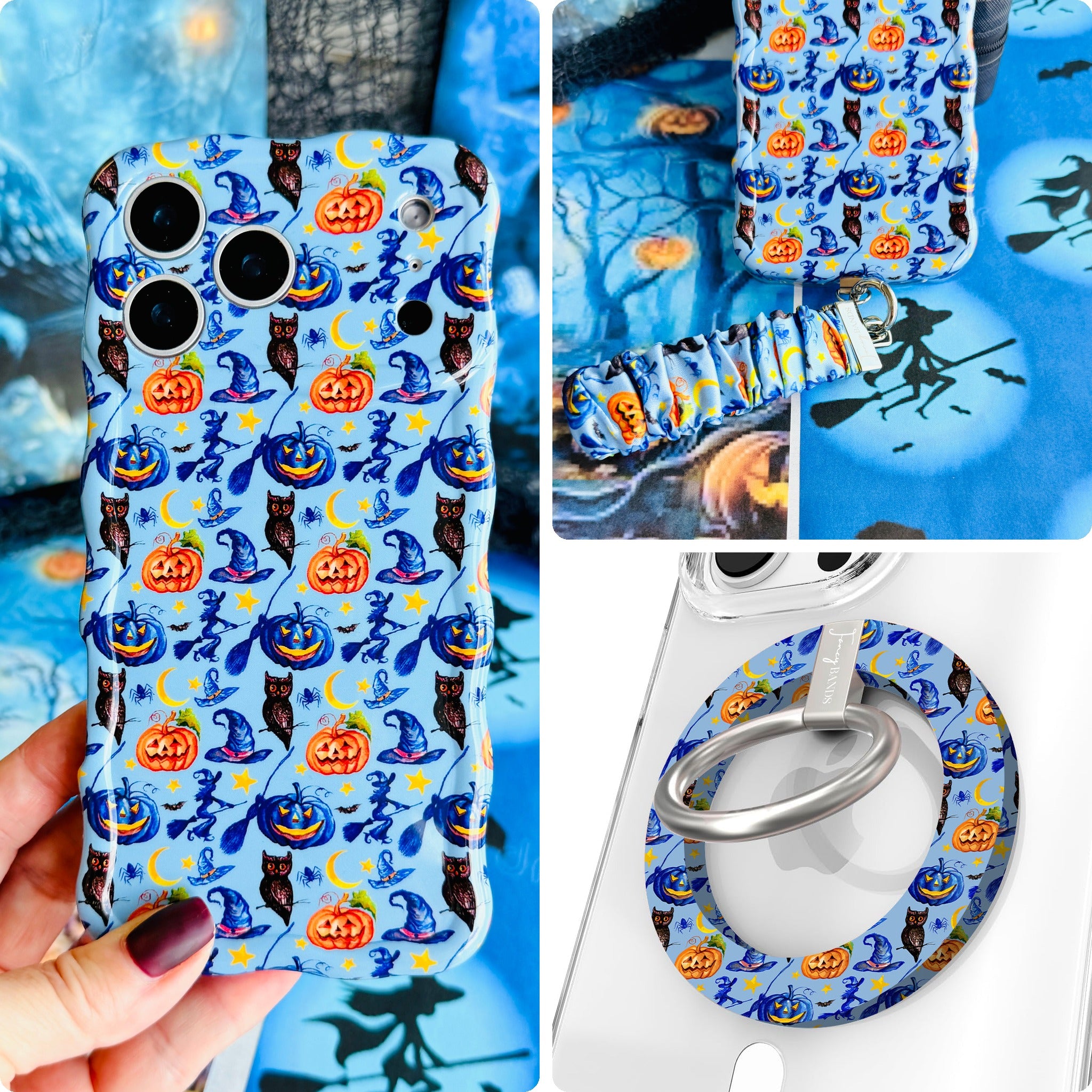 The Bewitching Hour iPhone Matching Set: hand-held periwinkle blue MagSafe case with witch hats, owls and jack-o'-lanterns, matching scrunchie wrist strap, and MagSafe grip ring