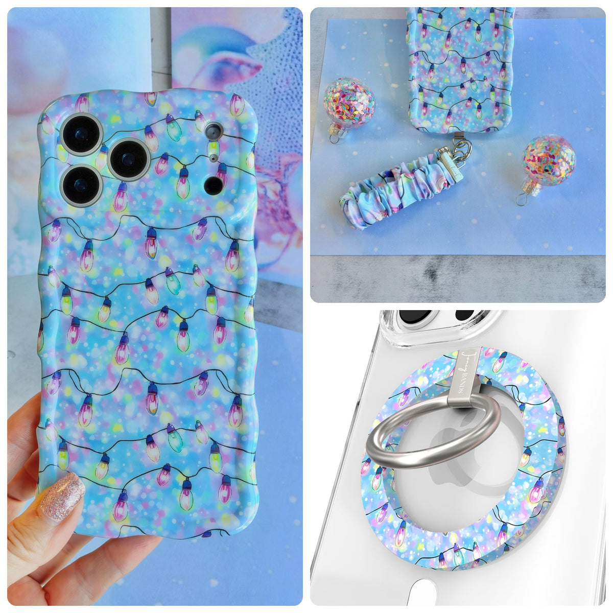 Twinkle All The Way iPhone Matching Set - pastel blue MagSafe case with pink, violet and aqua Christmas string lights, matching Hold It Fancy grip ring and scrunchie phone wrist strap from Fancy Bands