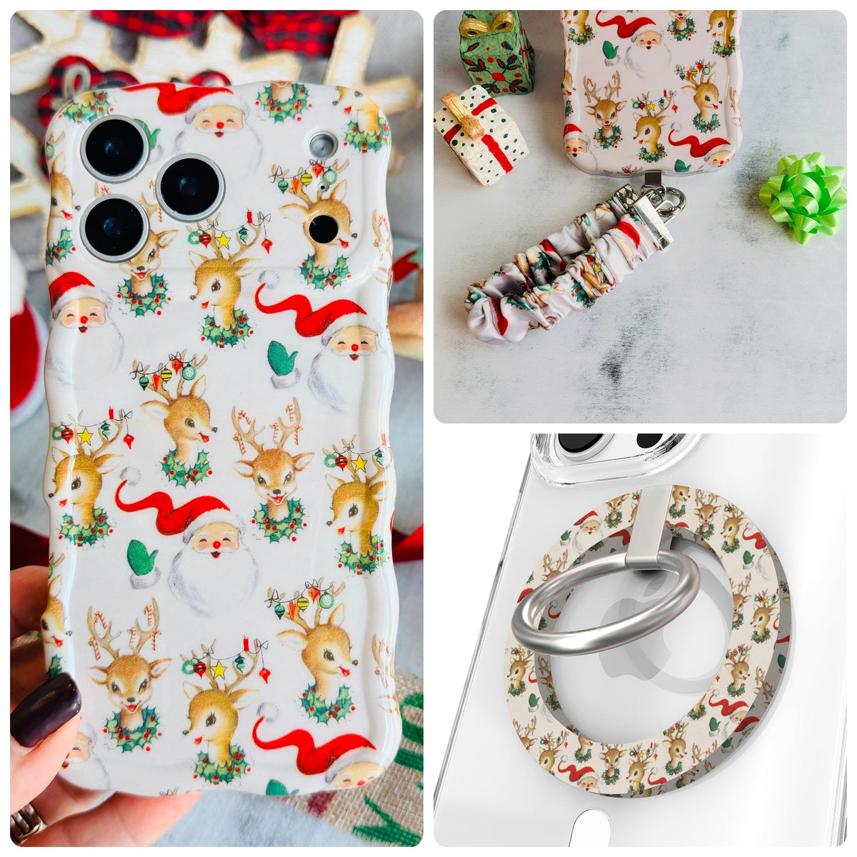 Vintage Christmas iPhone Matching Set - cream MagSafe case with retro Santas and baby reindeer, matching Hold It Fancy grip ring and scrunchie phone wrist strap from Fancy Bands