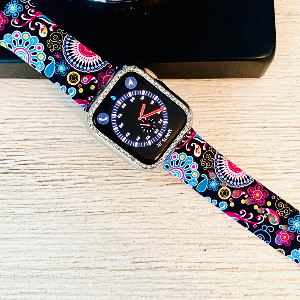Colorful Paisley Black Print Silicone Band For Apple Watch - Fancy Bands 