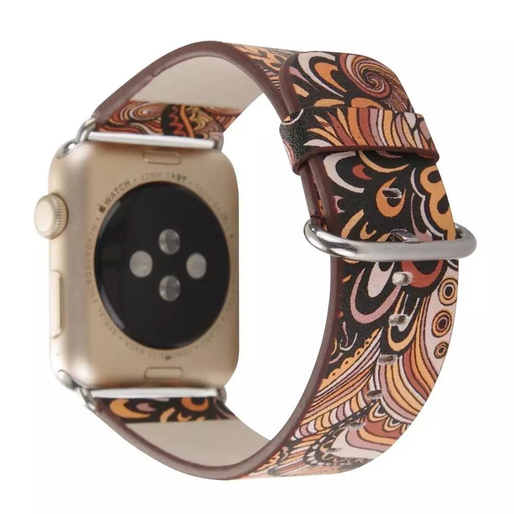 Fancy Paisley Print Leather Bands for Apple Watch Multiple Colors Available 38mm/40mm/41mm / Black/Silver