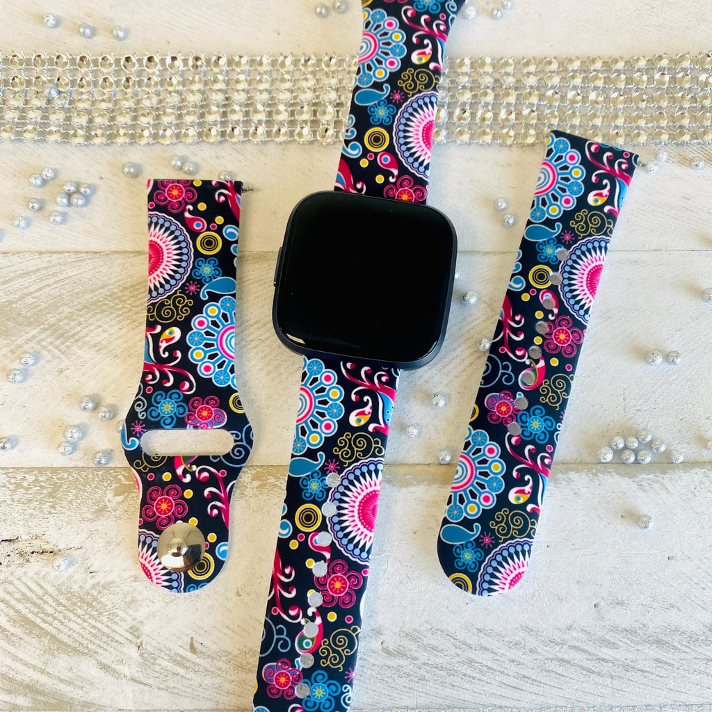 Colorful Paisley Black Print Silicone Band For Fitbit Versa 1/2 - Fancy Bands 