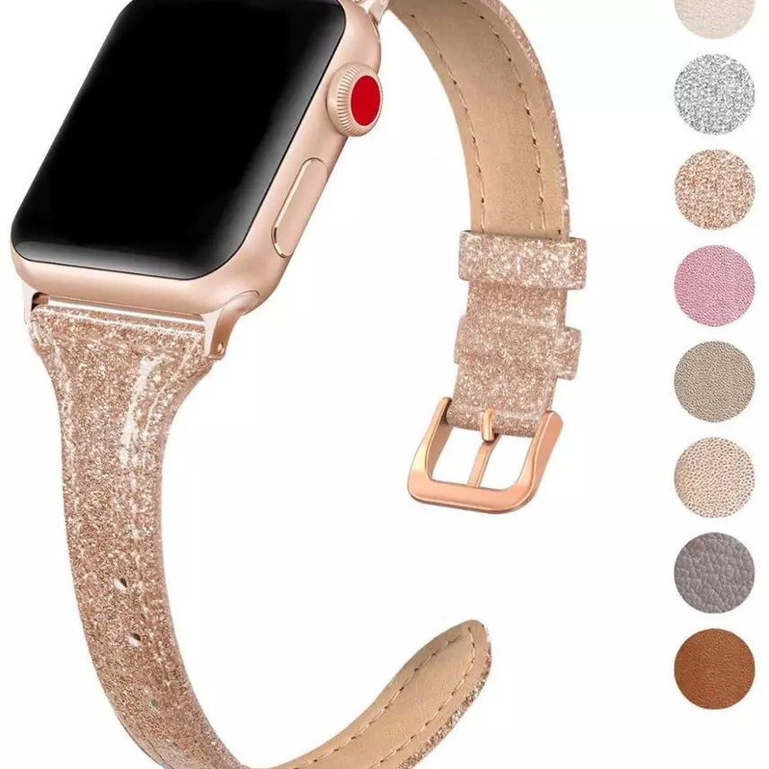 Banda de cuero delgada brillante para Apple Watch Múltiples colores disponibles 