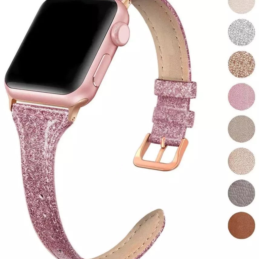 Banda de cuero delgada brillante para Apple Watch Múltiples colores disponibles 