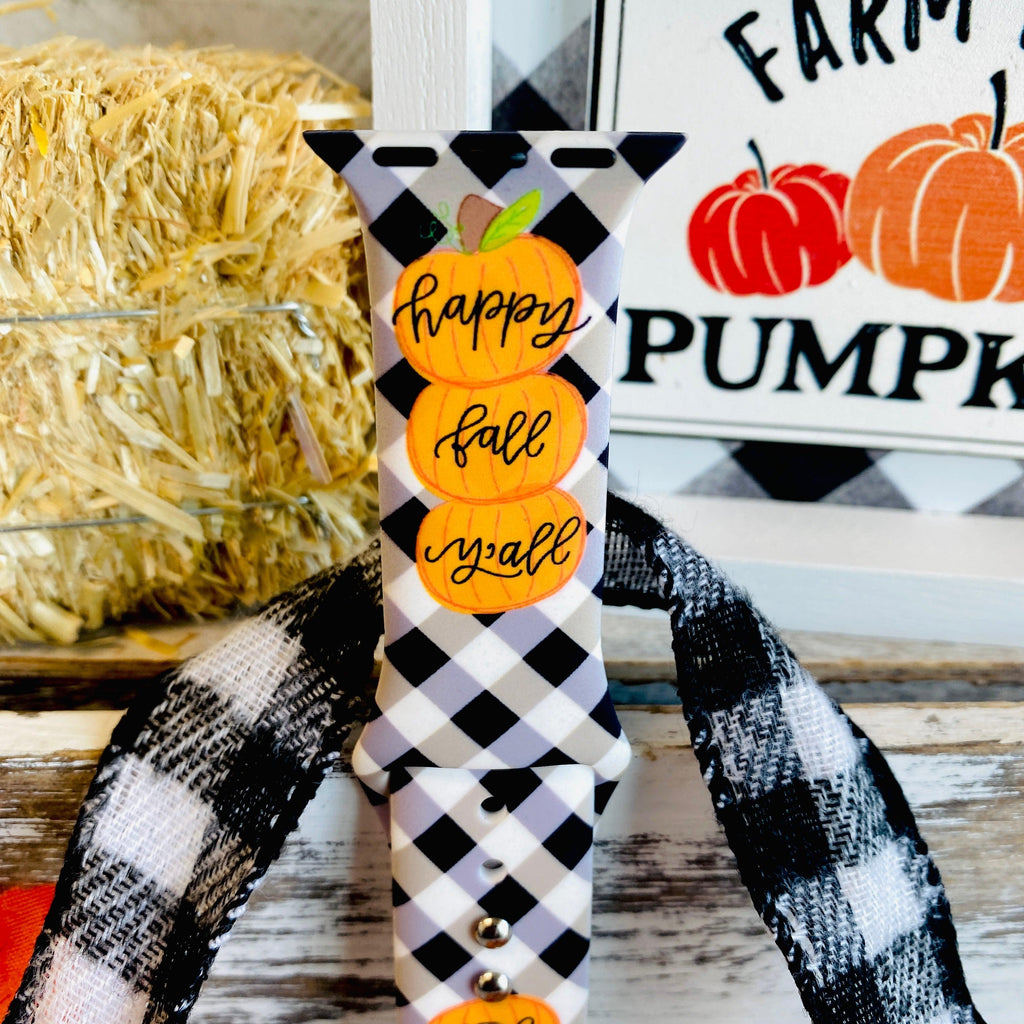 Black Plaid Happy Fall Y'all  Print Silicone Band For Apple Watch - Fancy Bands 
