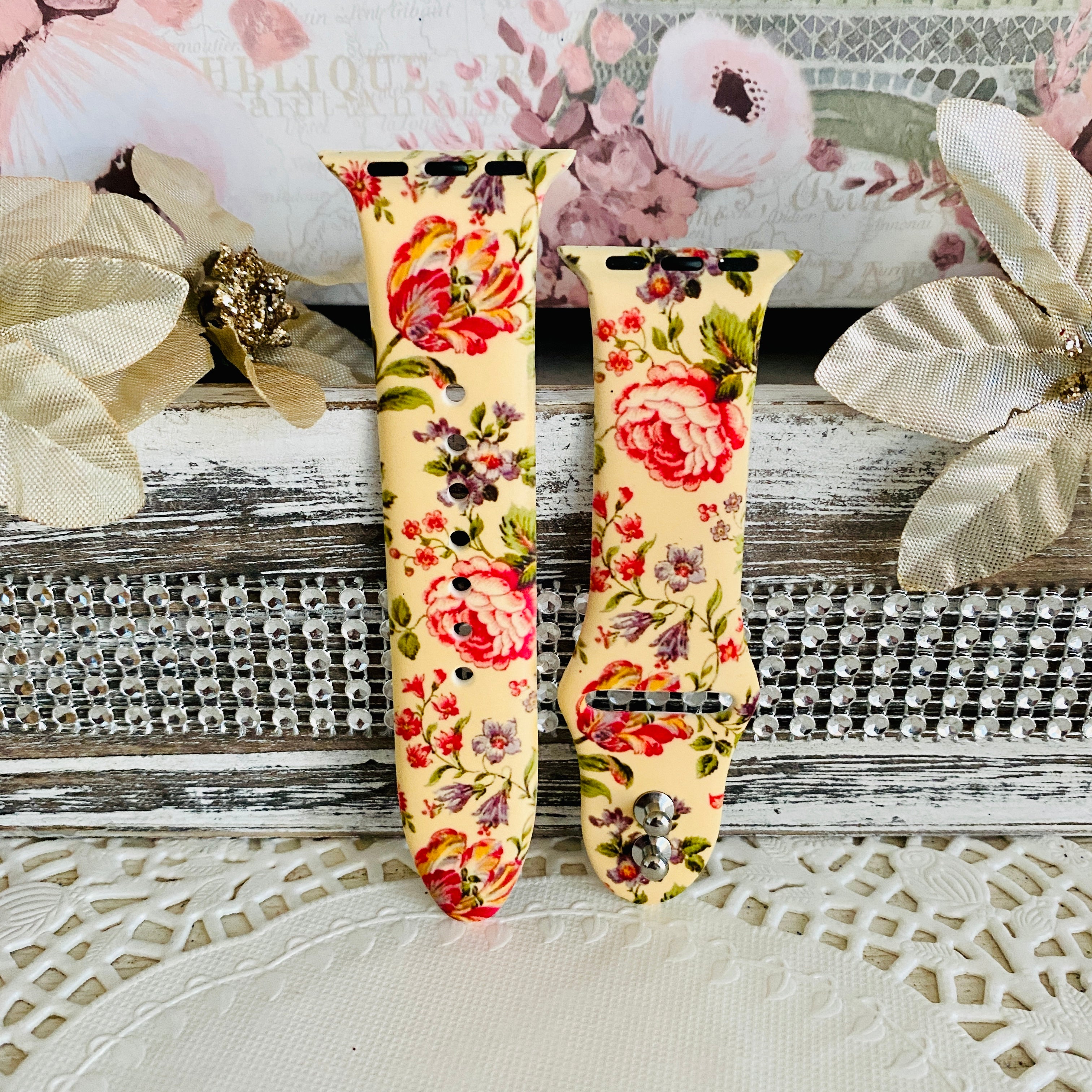 Vintage Floral Print Silicone Band For Apple Watch Multiple Colors Available
