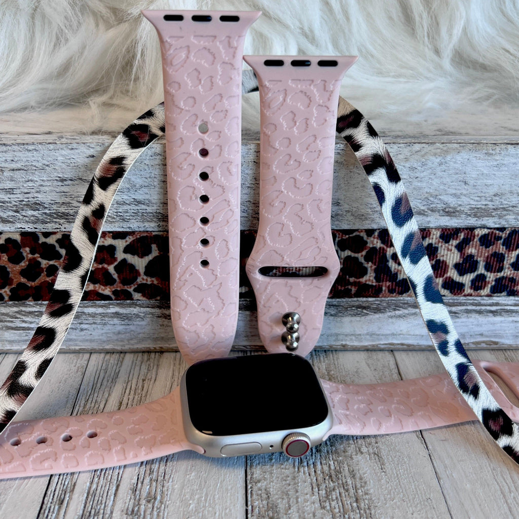 Engraved Pink Sand Leopard Print Silicone Band For Apple Watch - Fancy Bands 