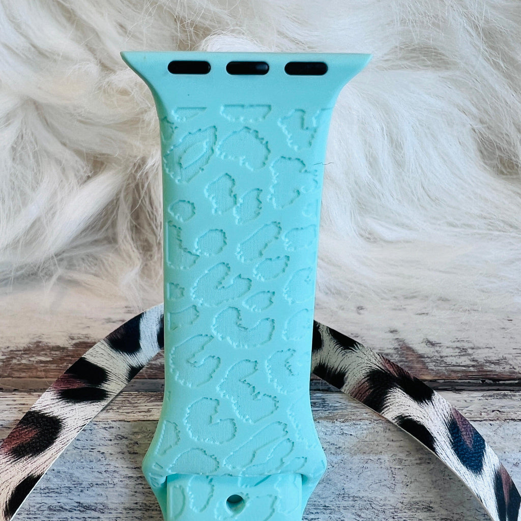 Engraved Mint Green Leopard Print Silicone Band For Apple Watch - Fancy Bands 
