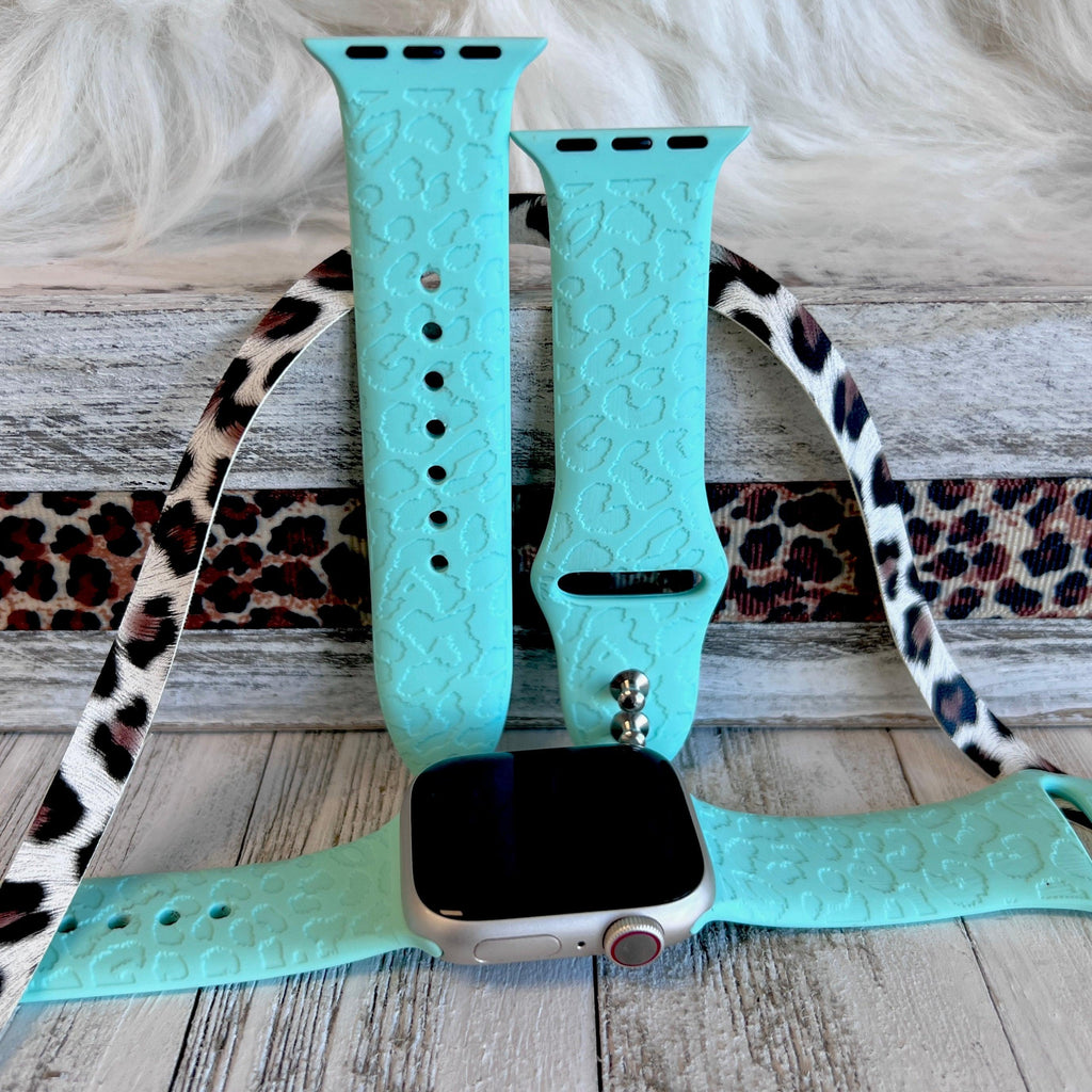 Engraved Mint Green Leopard Print Silicone Band For Apple Watch - Fancy Bands 