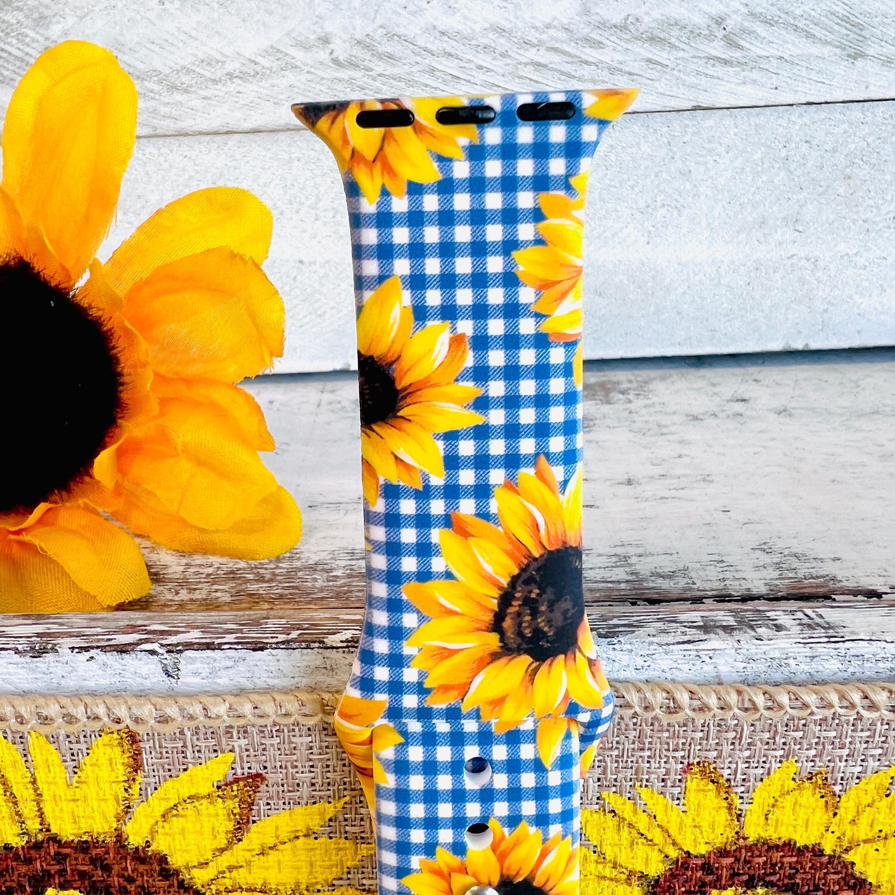 Blue Gingham Sunflower Print Silicone Band For Apple Watch - Fancy Bands 