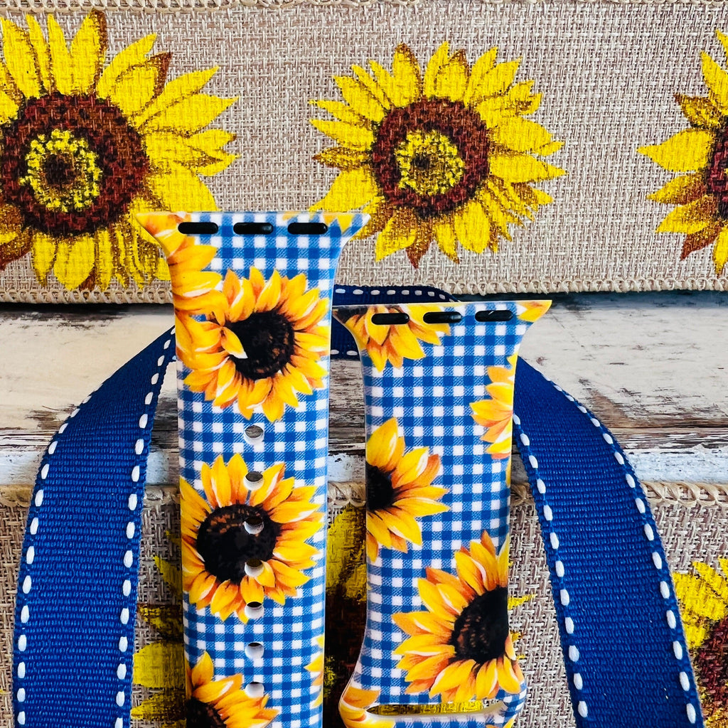 Blue Gingham Sunflower Print Silicone Band For Apple Watch - Fancy Bands 