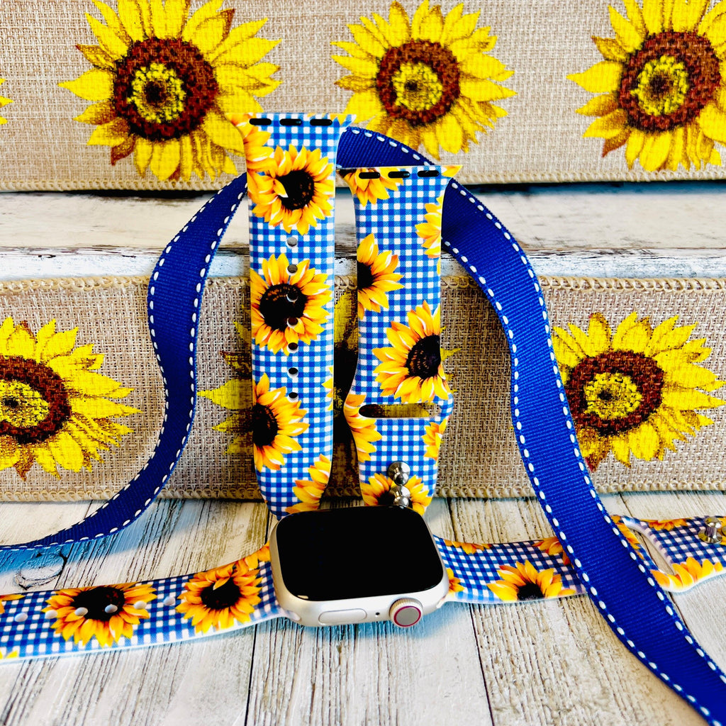 Blue Gingham Sunflower Print Silicone Band For Apple Watch - Fancy Bands 