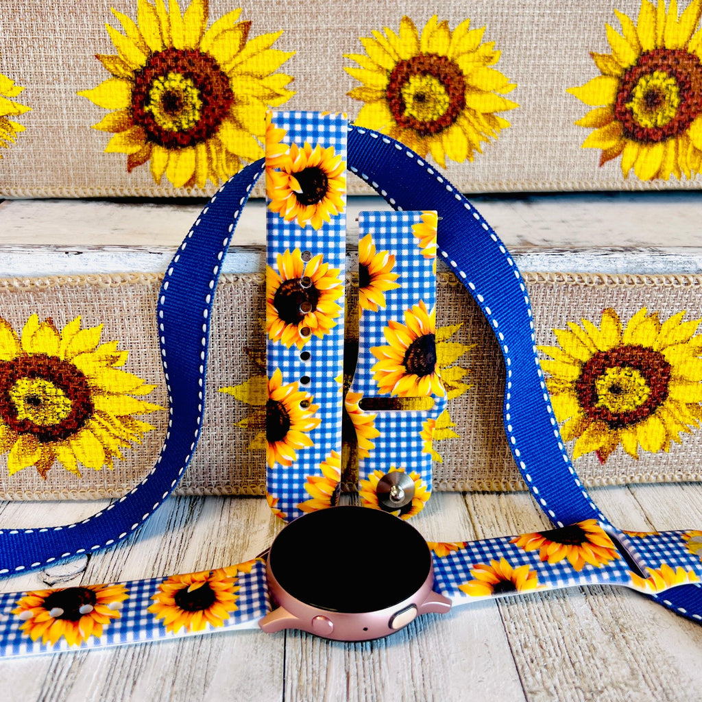 Blue Gingham Sunflower Print Silicone Band For Samsung Watch - Fancy Bands 